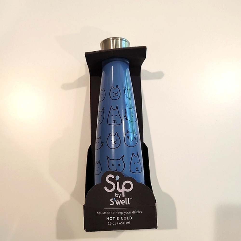 Sip By Swell 15oz Stainless Steel Screw Top Bottle Purfect Cat Mouse NWT Blue